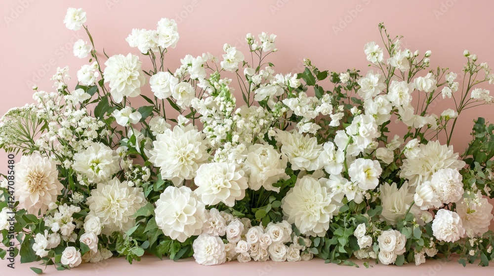 Poster delicate white blooms mingle with lush greenery against a soothing pink backdrop, creating an inviti