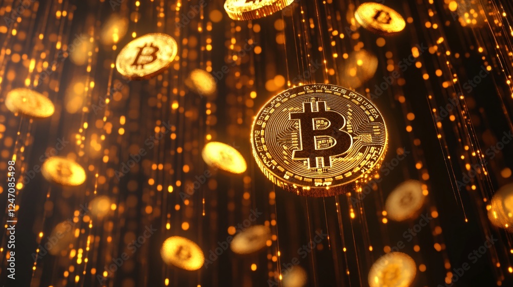 Poster a dynamic visual of floating bitcoin coins with a golden glow against a dark background, symbolizing