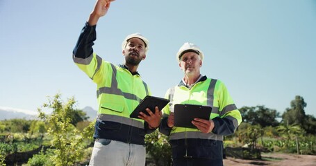 Tablet, sustainability and engineer with people on farm for biosystem development, agriculture and inspection. Water conservation, teamwork and eco friendly with men for irrigation system project