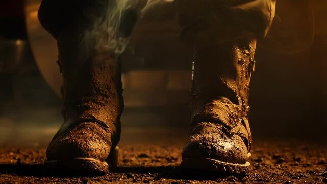 Mud caked work boots releasing smoky plumes, revealing gritty landscape of perseverance and intense manual labor against rugged rural terrain