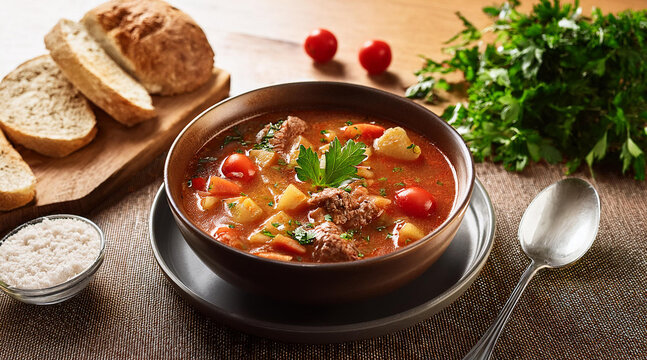 Eine Gulaschsuppe auf braunem Holztisch