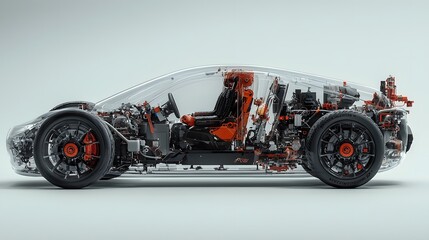 Transparent Automobile Revealing its Intricate Mechanical and Electronic Components A Captivating Cutaway View of the Vehicle s Inner Workings and Futuristic Design