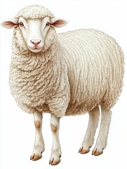 Fototapeta premium In a serene rural environment, a single white sheep with its thick, white wool grazes