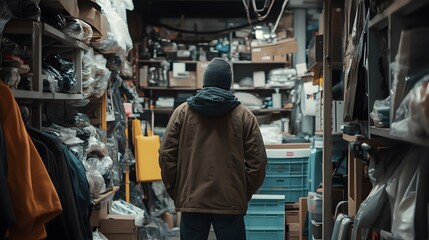 A person stands in a cluttered storage space filled with boxes and various items, contemplating their surroundings.