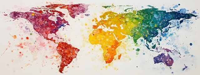 A vibrant world map made of colorful paint splashes
