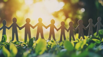 people chain cut out of paper holding hands on green natural sunlight background. Environment, Teamwork and eco partnership concept. Cutout human silhouettes hold hands together.