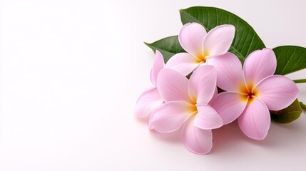 Pink Plumeria Flowers with Green Leaves Isolated on White. Generative AI