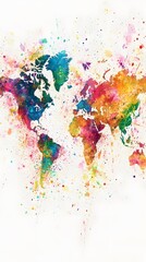 A vibrant world map made of colorful paint splashes

