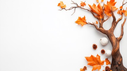 Autumn Tree with Leaves on White Background. Generative AI