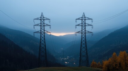 Mountain valley dusk electricity towers