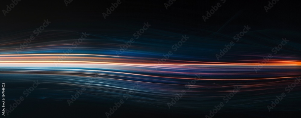 Poster dark background, horizontal light lines flowing from left to right in the center of the image.