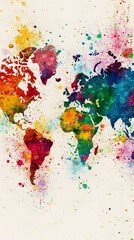 A vibrant world map made of colorful paint splashes
