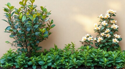 Lush Green Foliage and Delicate White Magnolia Blooms Against a Beige Wall