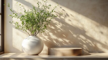 Elegant White Vase with Greenery by Sunlit Wall. Generative AI