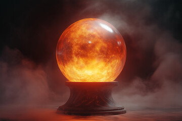 Enchanted yellow crystal ball with a magical and mysterious glow and smoke mist ambience for magical atmosphere
