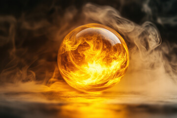 Enchanted yellow crystal ball with a magical and mysterious glow and smoke mist ambience for magical atmosphere
