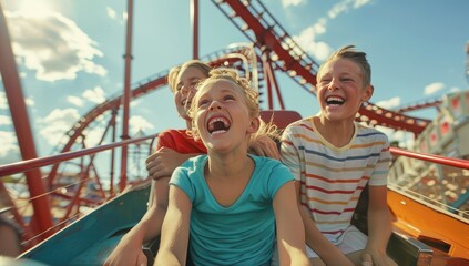 Two children ride a roller coaster at an amusement park at sunset. They have fun spending their summer holidays. Family weekend
