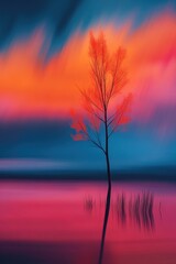 Obraz premium Solitary tree vibrant sunset calm waters