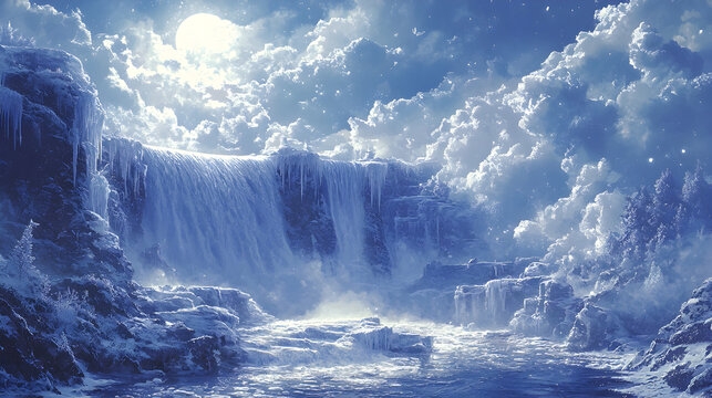 Icy Blue Waterfall Amidst Clouds and Moonlight: A Serene Winter Landscape with Misty Reflections and Tranquil Scenery in Nature&rsquo;s Wilderness, Capturing Ethereal Beauty and Breathtaking Purity