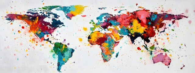 A vibrant world map made of colorful paint splashes
