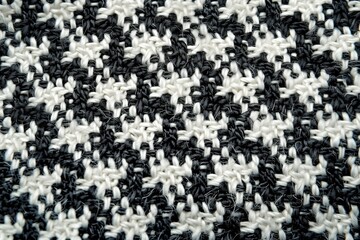 Black and white knit fabric background with a woven pattern, detailed texture of yarn woven in a houndstooth design.