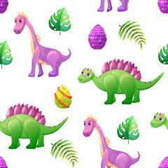 Seamless pattern with cute dinosaurs, tropical leaves and magic eggs