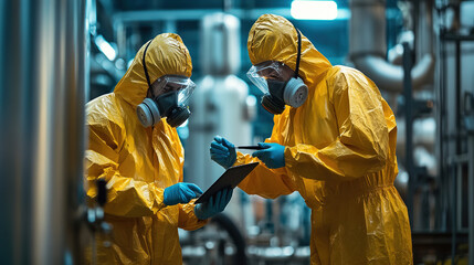 Two professionals in protective gear meticulously analyze data on a tablet in an industrial environment.