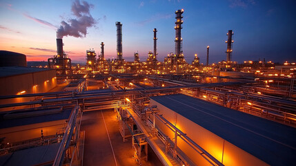 Illuminated petrochemical plant at twilight showcases complex infrastructure and its crucial role in energy production.