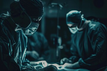 Skilled surgeons in blue scrubs and masks, one biracial and one white, focused during complex surgery under bright operating room lights.