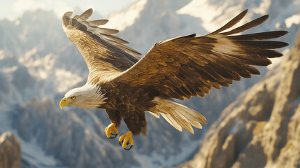 A majestic bald eagle soars through the air