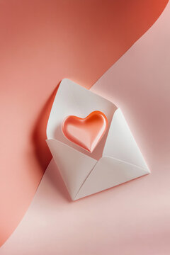White envelope with red glossy silken heart on ewd and white paper minimalistic background. 14 February card.
