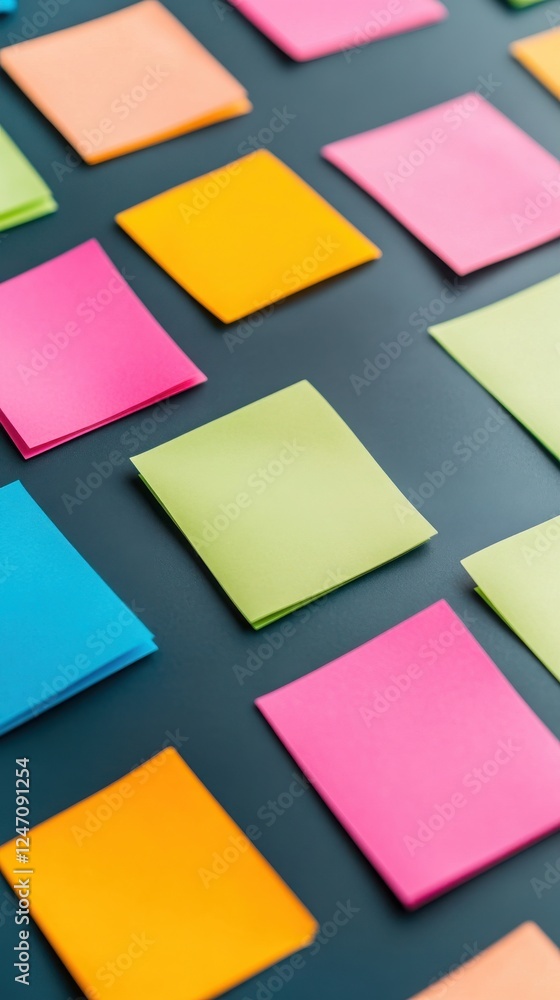 Poster colorful sticky notes arranged on a dark surface, perfect for brainstorming and organizing ideas in 