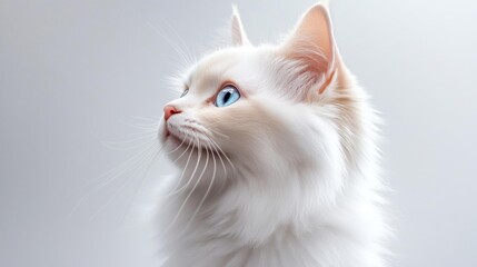 White Long-haired Cat with Striking Blue Eyes Looking Upward. Generative AI