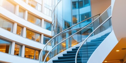 Fototapeta premium Modern building interior with curved stairs and glass walls