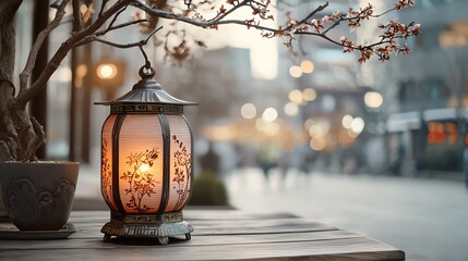 Monochrome image with a single glowing red lantern, emphasizing simplicity and cultural elegance