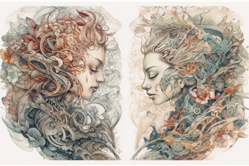 Fototapeta premium An artwork depicting two female faces filled with elements of flora and mechanics, creating a unique combination of nature and technology. 