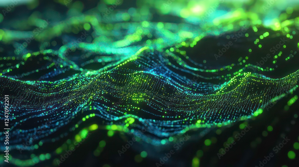Poster abstract neural network visualization with glowing green and blue connections, showcasing futuristic