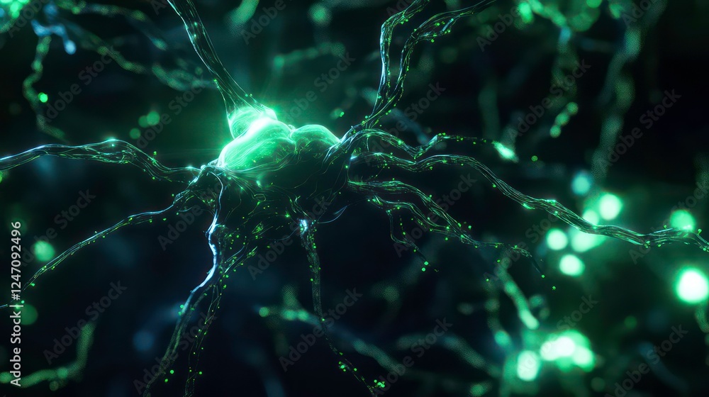 Poster abstract neural network visualization with glowing green and blue connections, showcasing futuristic