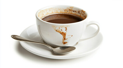 Obraz premium A coffee cup with a splash captured mid-air, accompanied by a saucer and spoon, isolated against a white background