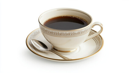 Fototapeta premium A coffee cup with a splash captured mid-air, accompanied by a saucer and spoon, isolated against a white background