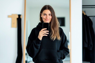 A girl wearing a black hoodie and leggings. She is taking a selfie in front of a mirror in her modern and elegant home.