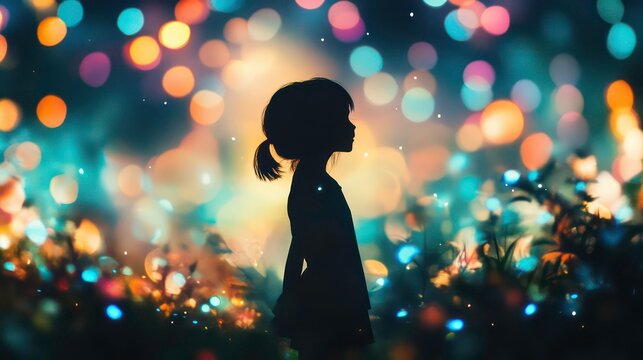 A silhouetted girl gazes at a starry night sky filled with colorful bokeh lights, capturing a moment of wonder and imagination in a serene environment.