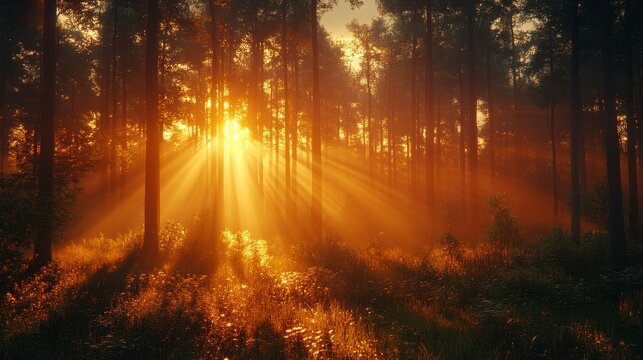 Sunrise beams through misty pine forest