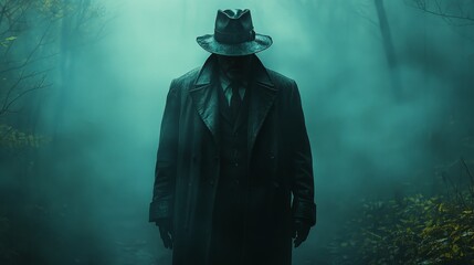 A man in a hat and coat is walking through a foggy forest