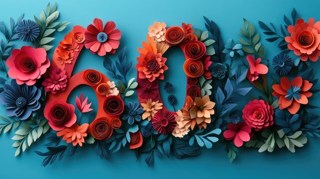 Colorful paper flowers form the numbers 60, creating a festive and vibrant celebration theme.