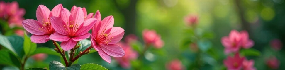 Fototapeta premium clusters of pink flowers bursting from greenery, blooming flowers, pink flowers