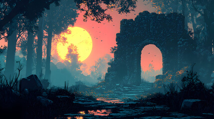 Enchanting Sunset Over Ancient Ruins: A Mystical Exploration of a Vibrant Forest Landscape with Archways, Stone Pathways, and Serenity at Twilight in Nature&rsquo;s Dreamlike Beauty and Tranquility