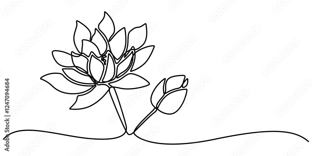 Poster lotus water lily continuous line illustration, lotus flower in single continuous line drawing style 