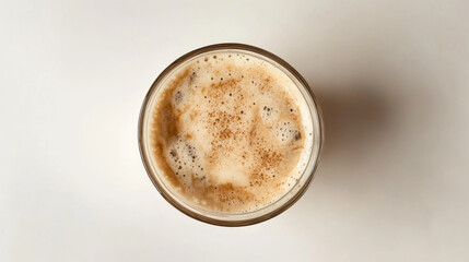 A top-view shot of an iced coffee served in a glass, isolated against a white background