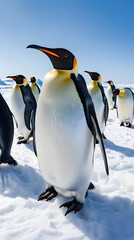 Fototapeta premium Group of Penguins Socializing on Icy Landscape under Clear Blue Sky Highlighting Natural Habitat